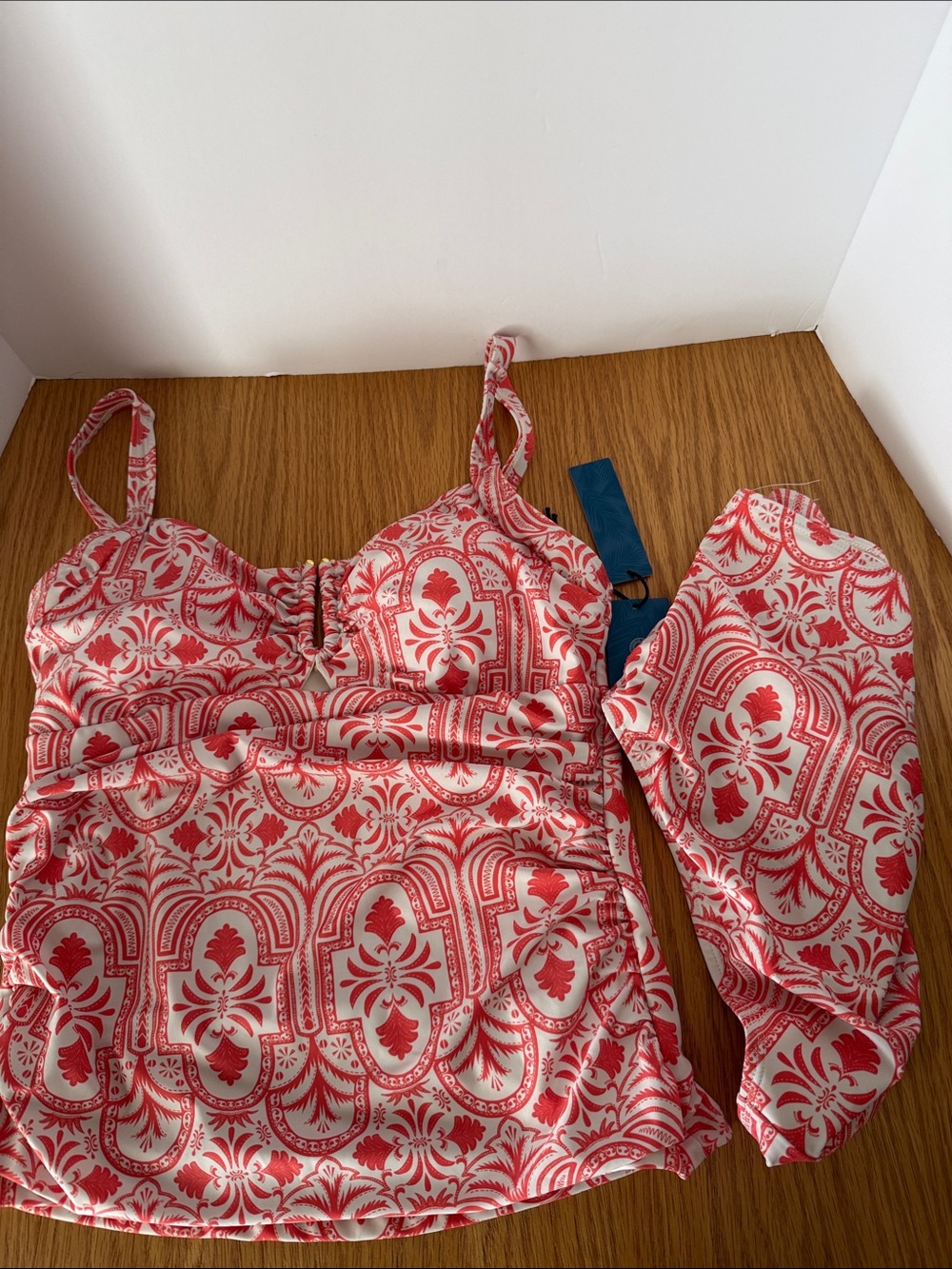 Caribbean Joe Coral and White Patterned Swim Tankini Set